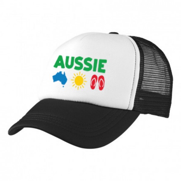 Big Size Black / White Trucker Cap with Aussie Logo (Aussie icons)