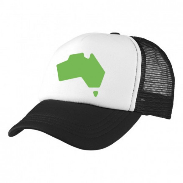 2-3XL Black / White Trucker Cap with Aussie Logo (Green Aussie Map)