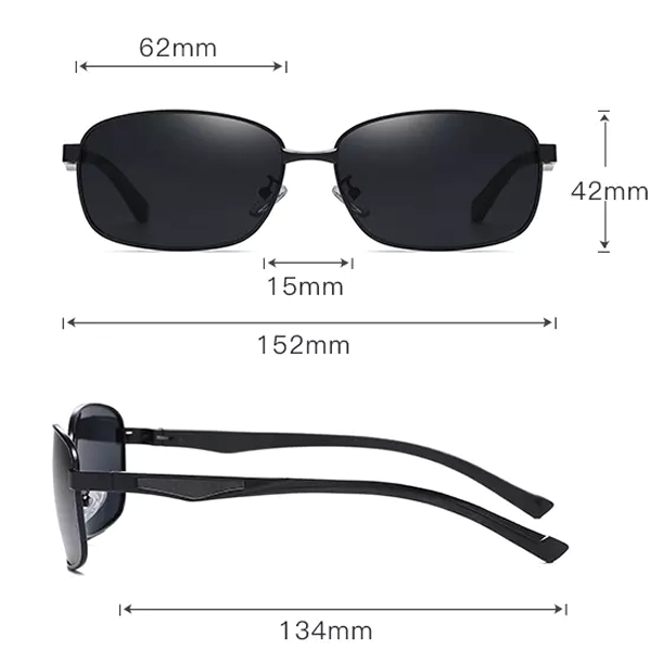 Big Size Black (w/Gunmetal Grey Temples) Metal Rectangle Sunglasses (152mm wide + Spring Hinges)